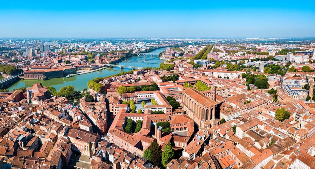 Toulouse and Garonne river aerial panoramic view